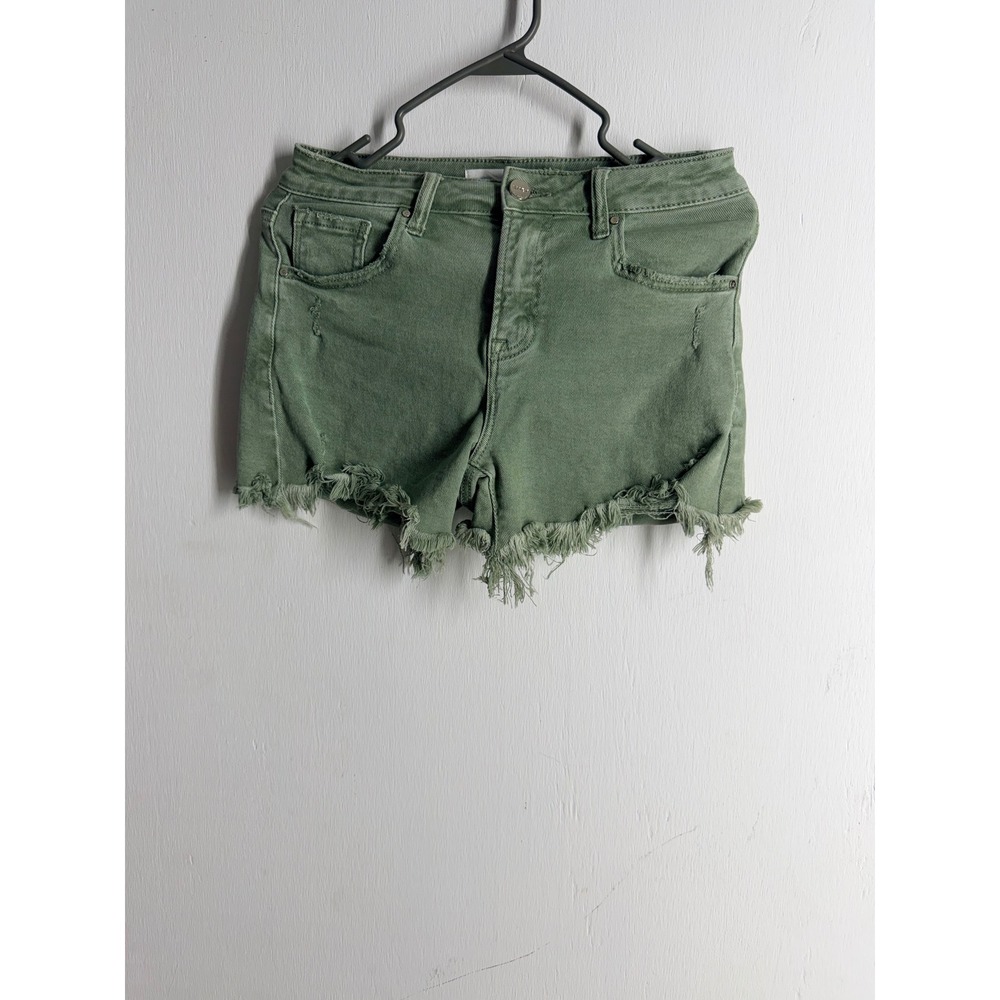 Risen Jeans Olive Green Distressed Raw Hem Denim Shorts Womens Size Small S